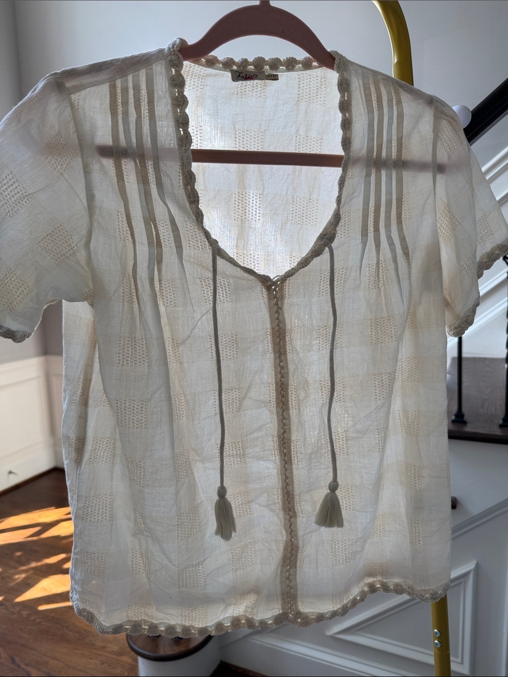 Faherty Cream Gauze Peasant Blouse with Tassel Tie